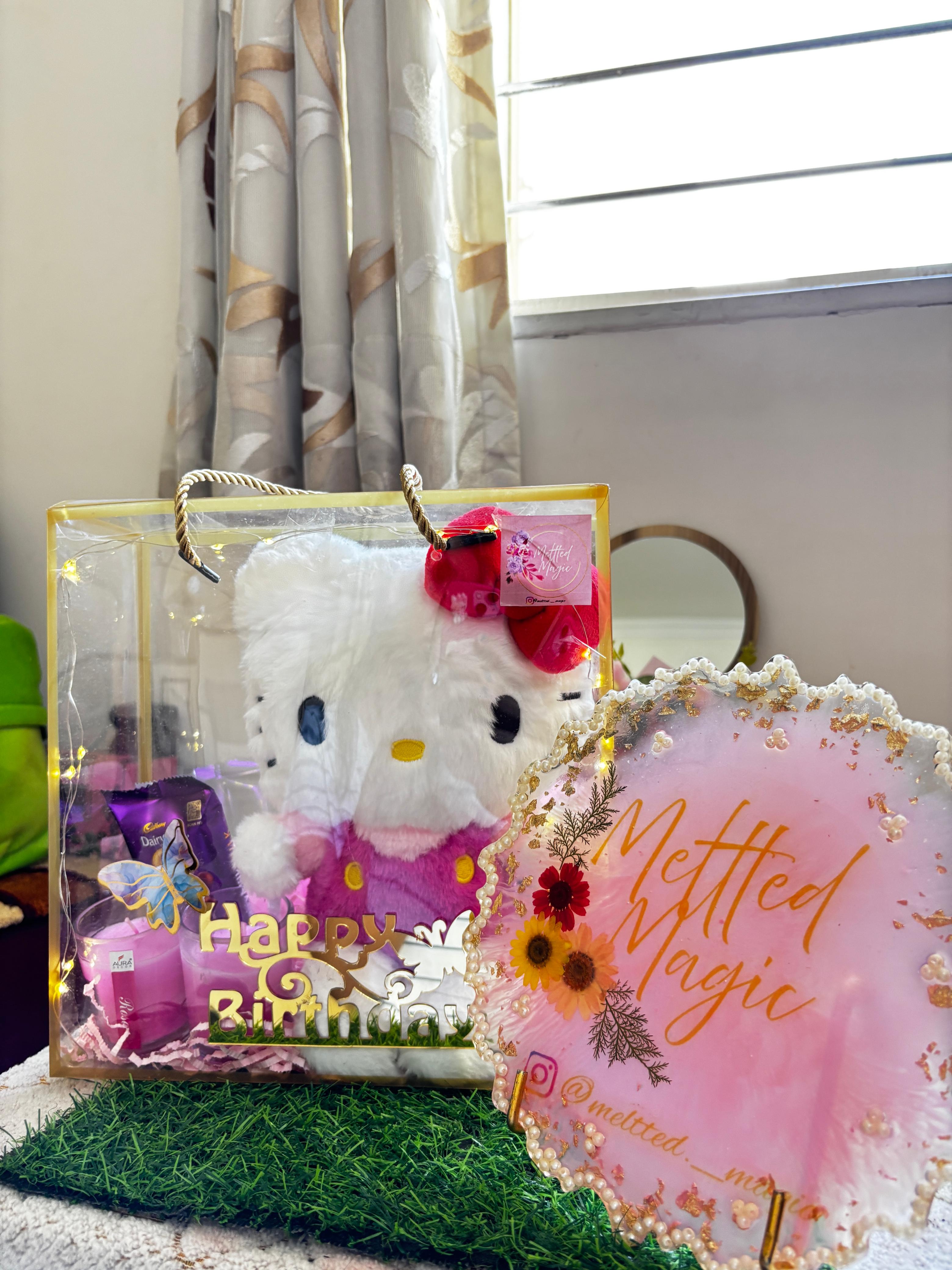 Luxury Hello Kitty birthday gift hamper with personalized resin nameplate by Melted Magic