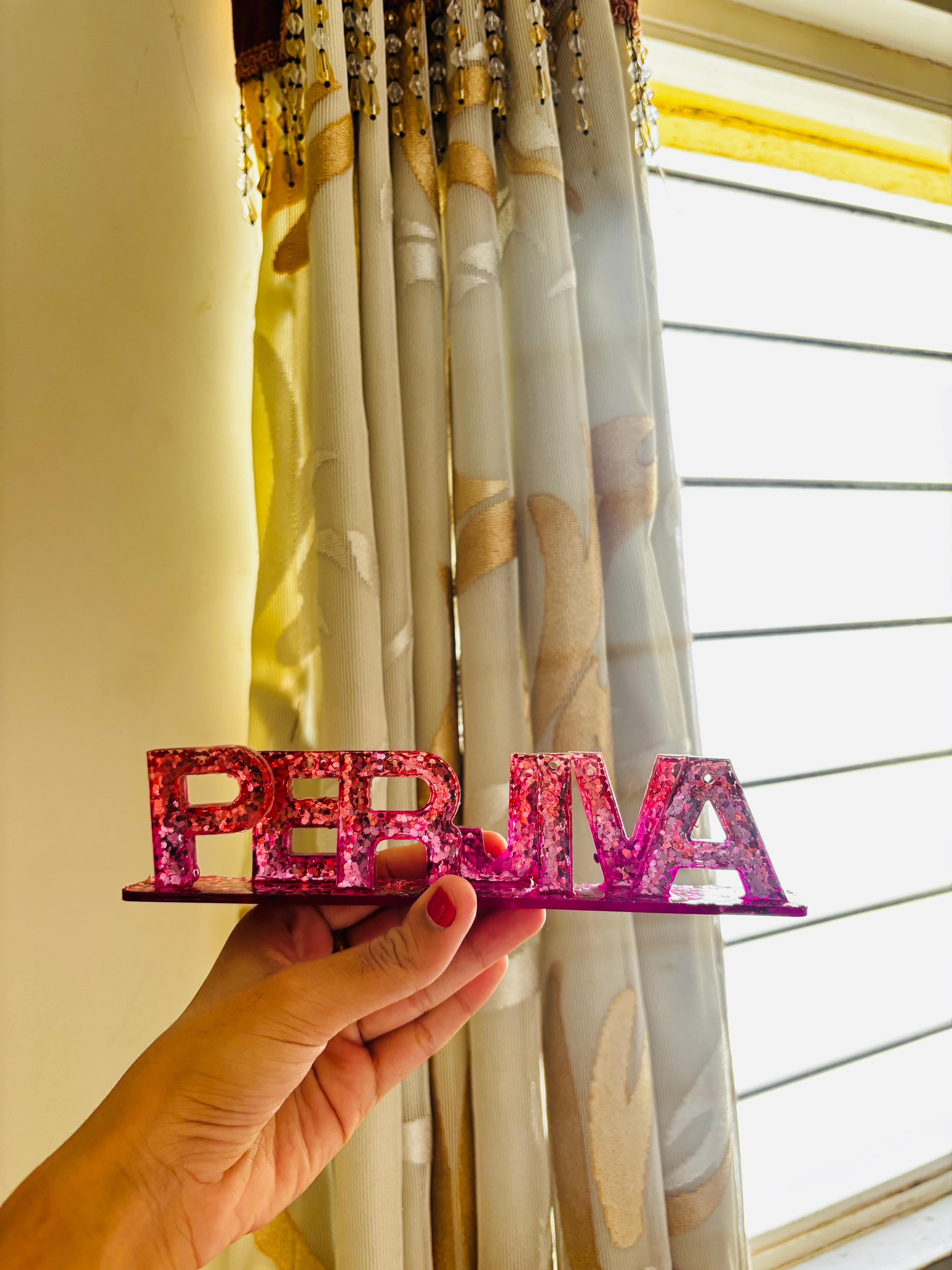 Handcrafted personalized resin nameplate with glitter finish by Melted Magic